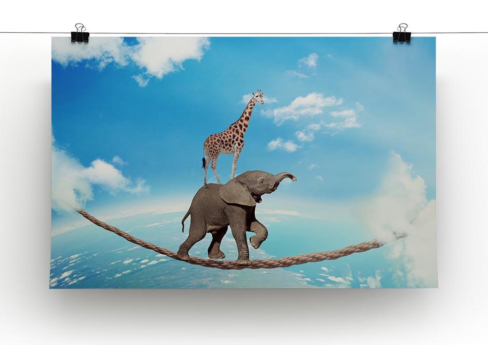 Elephant with giraffe walking on dangerous rope high in sky Canvas Print or Poster - Canvas Art Rocks - 2