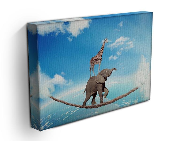 Elephant with giraffe walking on dangerous rope high in sky Canvas Print or Poster - Canvas Art Rocks - 3