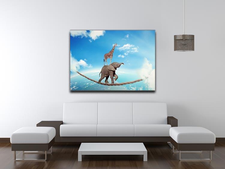 Elephant with giraffe walking on dangerous rope high in sky Canvas Print or Poster - Canvas Art Rocks - 4