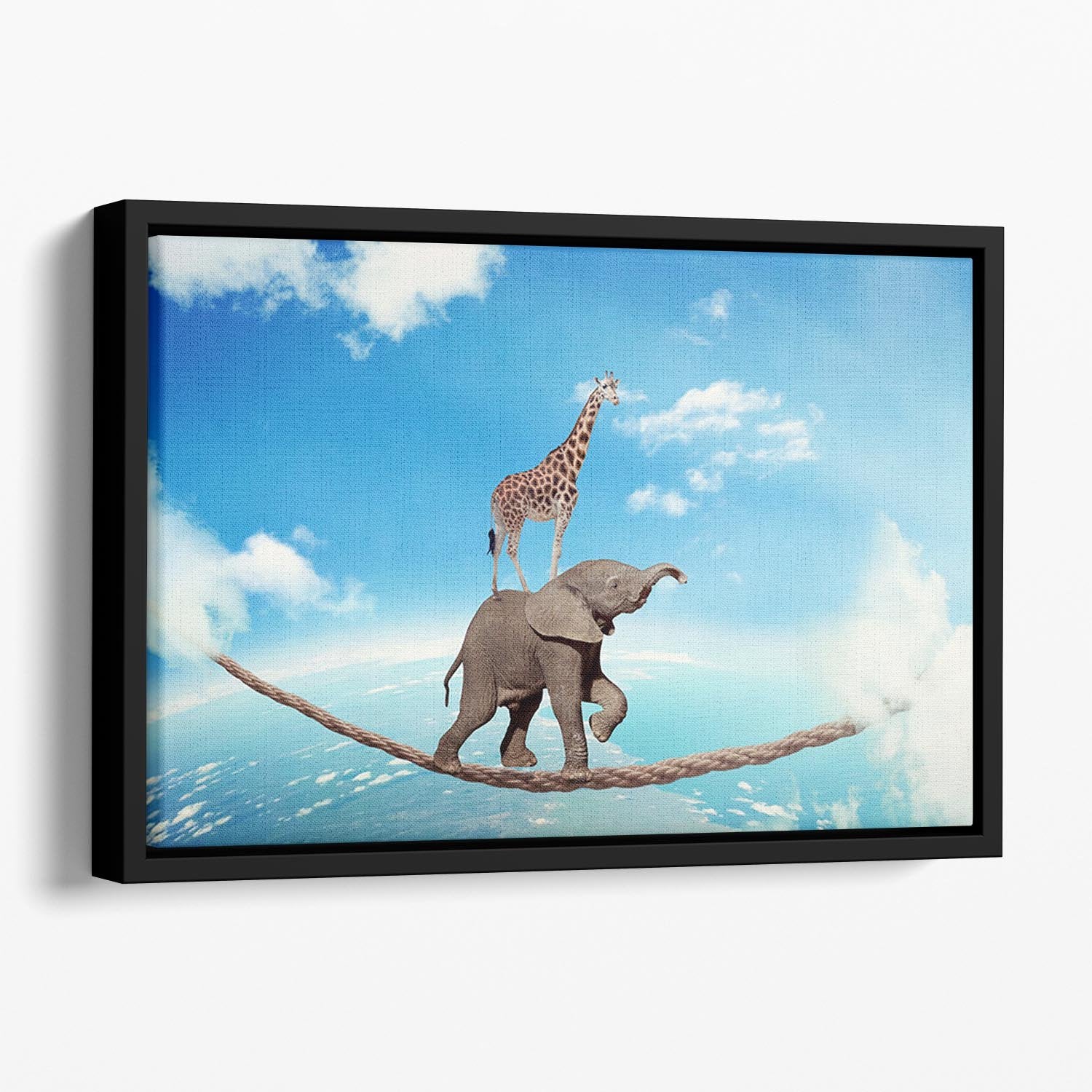 Elephant with giraffe walking on dangerous rope high in sky Floating Framed Canvas - Canvas Art Rocks - 1