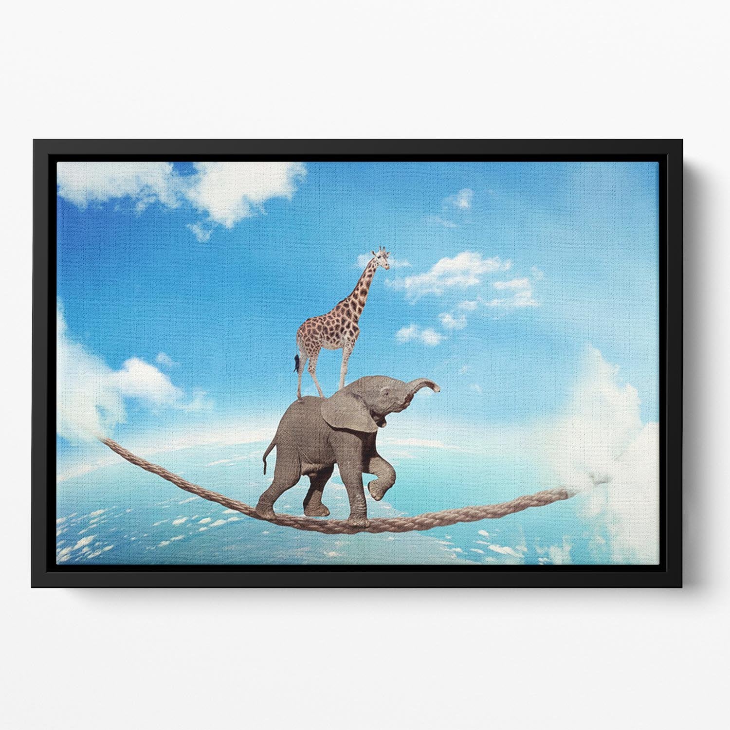 Elephant with giraffe walking on dangerous rope high in sky Floating Framed Canvas - Canvas Art Rocks - 2