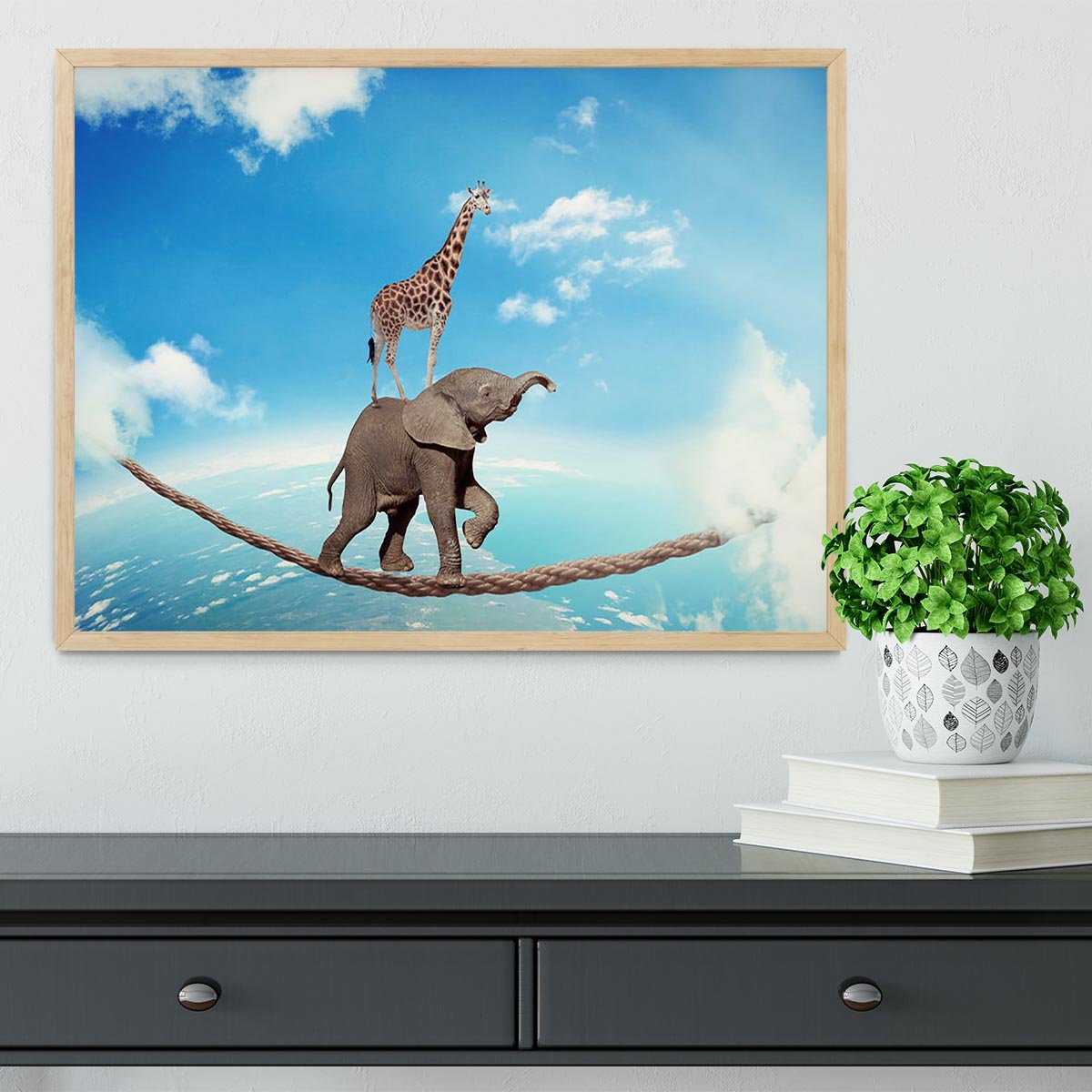 Elephant with giraffe walking on dangerous rope high in sky Framed Print - Canvas Art Rocks - 4
