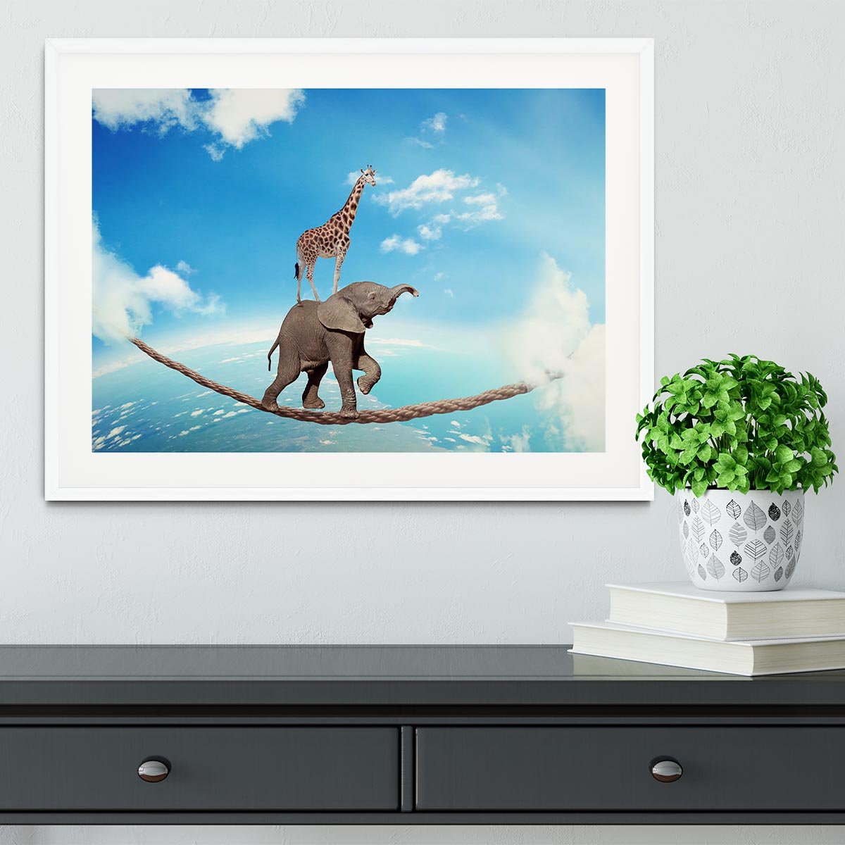 Elephant with giraffe walking on dangerous rope high in sky Framed Print - Canvas Art Rocks - 5