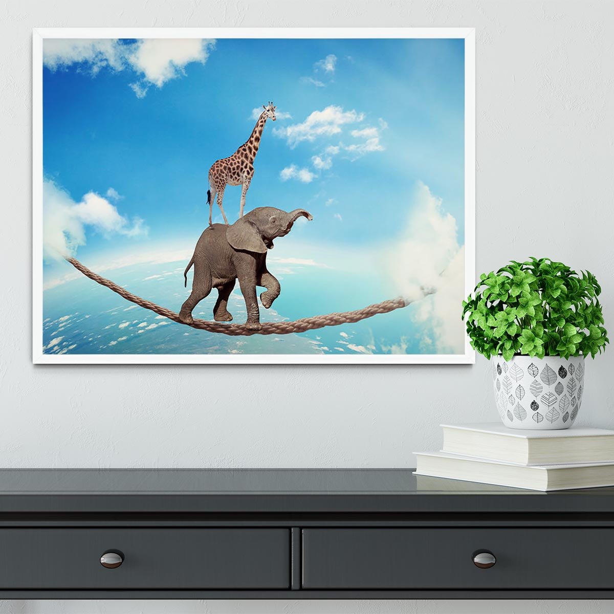 Elephant with giraffe walking on dangerous rope high in sky Framed Print - Canvas Art Rocks -6
