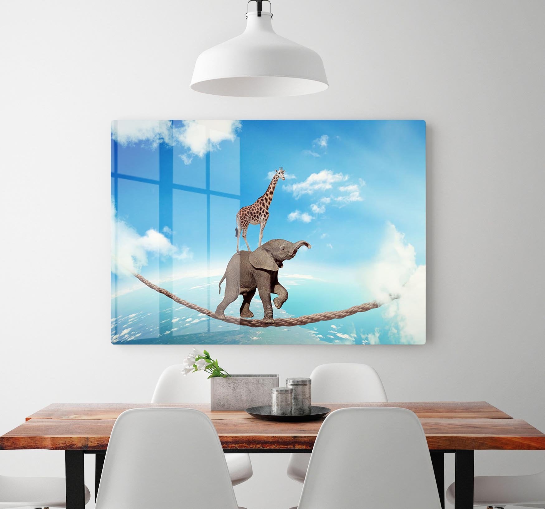 Elephant with giraffe walking on dangerous rope high in sky HD Metal Print - Canvas Art Rocks - 2
