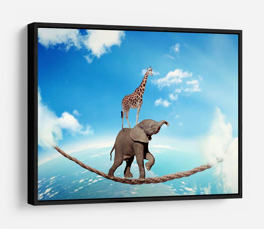 Elephant with giraffe walking on dangerous rope high in sky HD Metal Print - Canvas Art Rocks - 6