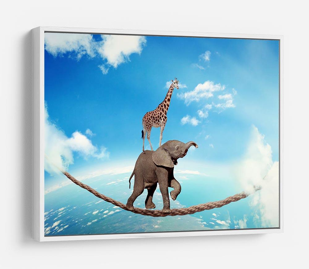 Elephant with giraffe walking on dangerous rope high in sky HD Metal Print - Canvas Art Rocks - 7
