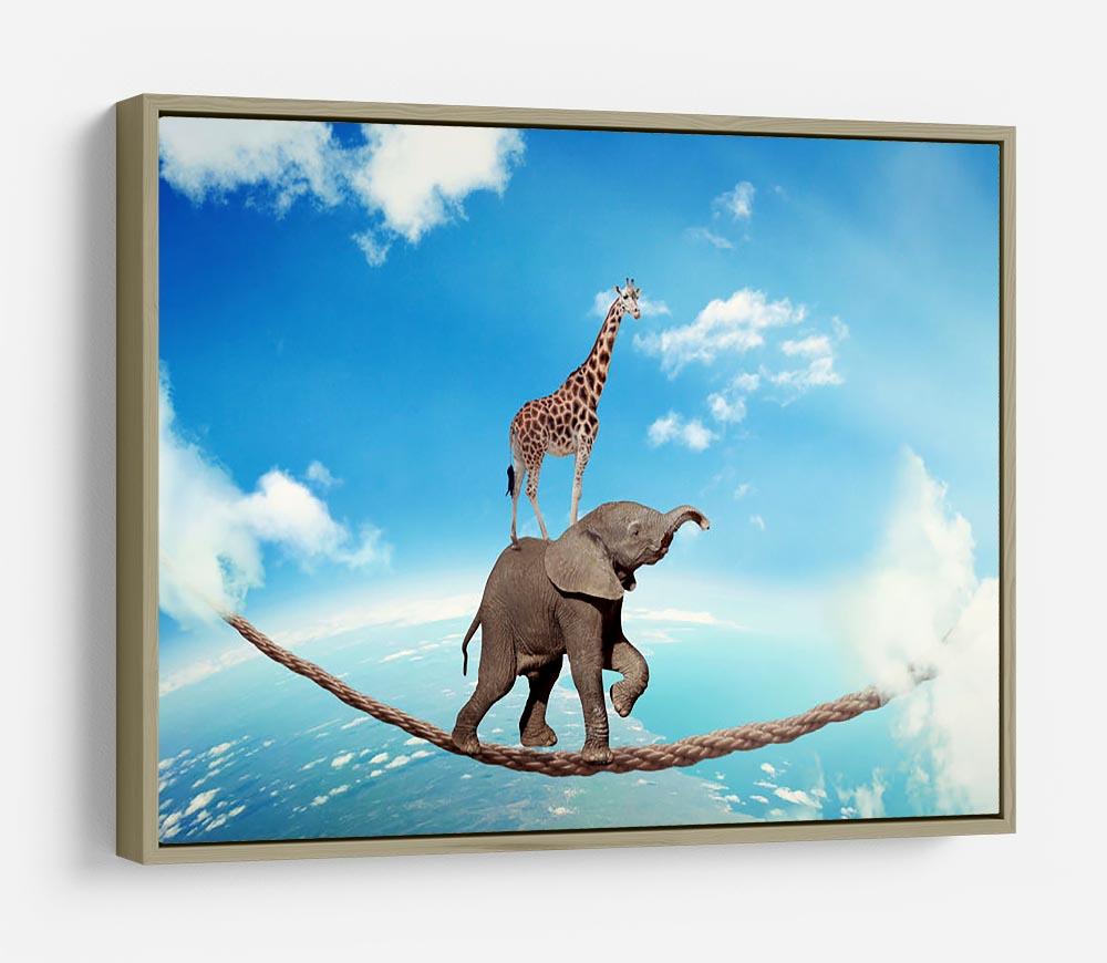 Elephant with giraffe walking on dangerous rope high in sky HD Metal Print - Canvas Art Rocks - 8