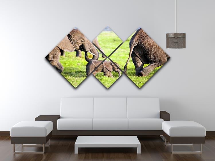 Elephants family on African savanna 4 Square Multi Panel Canvas - Canvas Art Rocks - 3
