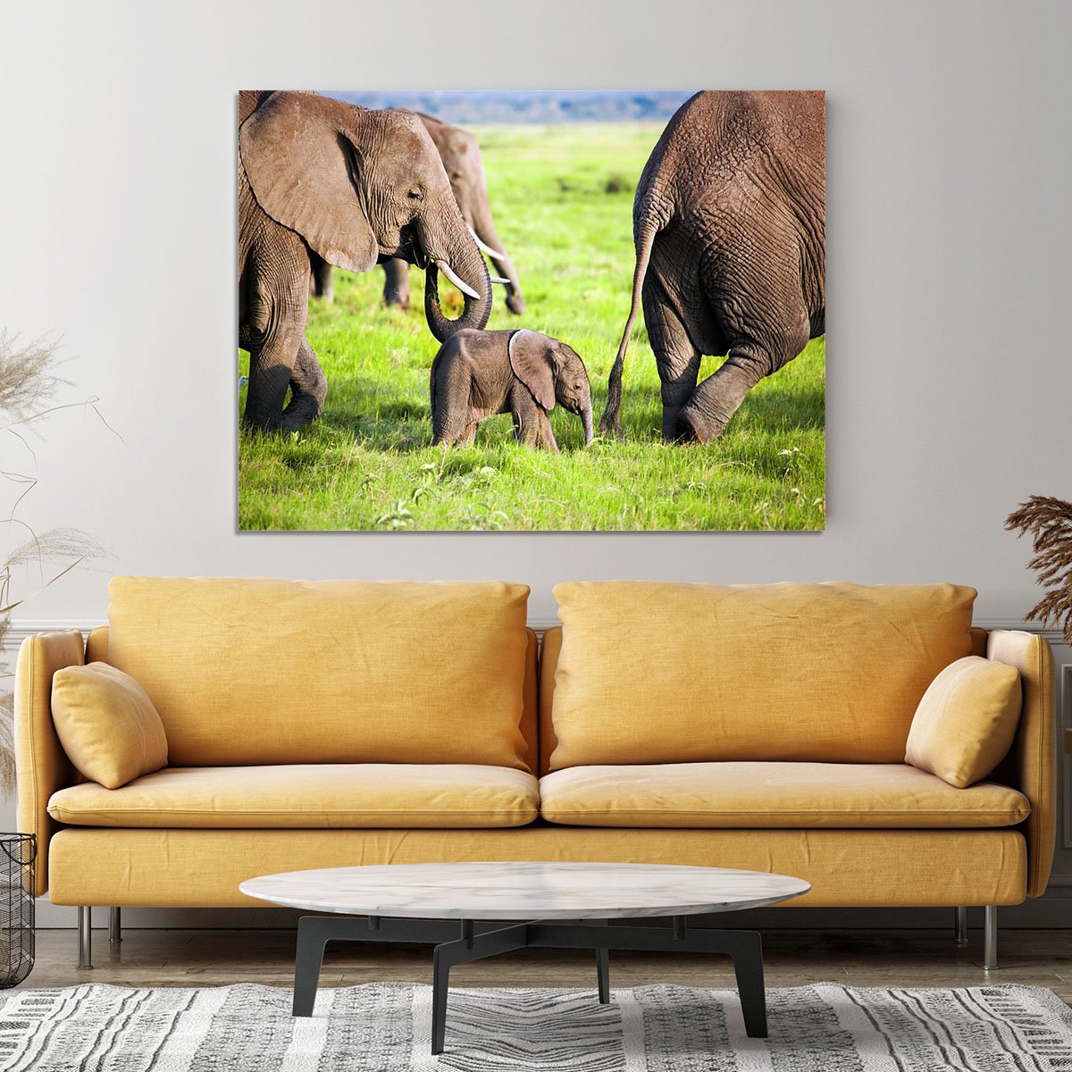 Elephants family on African savanna Canvas Print or Poster