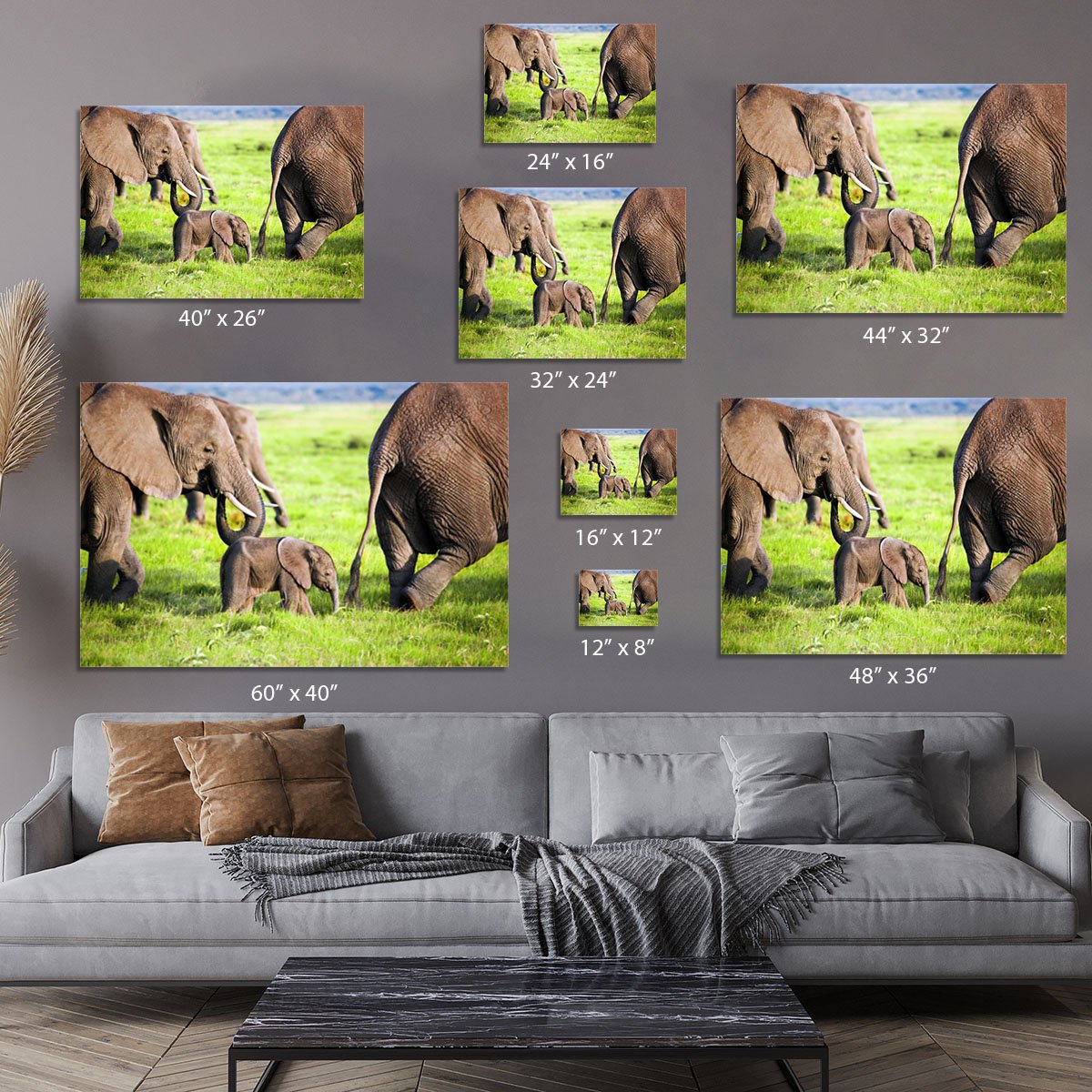 Elephants family on African savanna Canvas Print or Poster