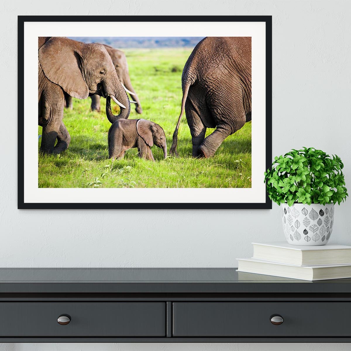 Elephants family on African savanna Framed Print - Canvas Art Rocks - 1