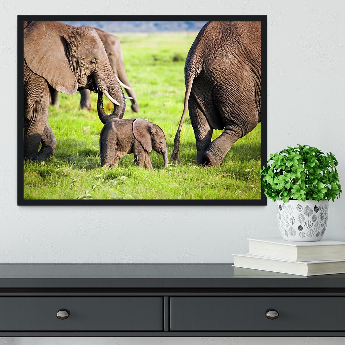 Elephants family on African savanna Framed Print - Canvas Art Rocks - 2
