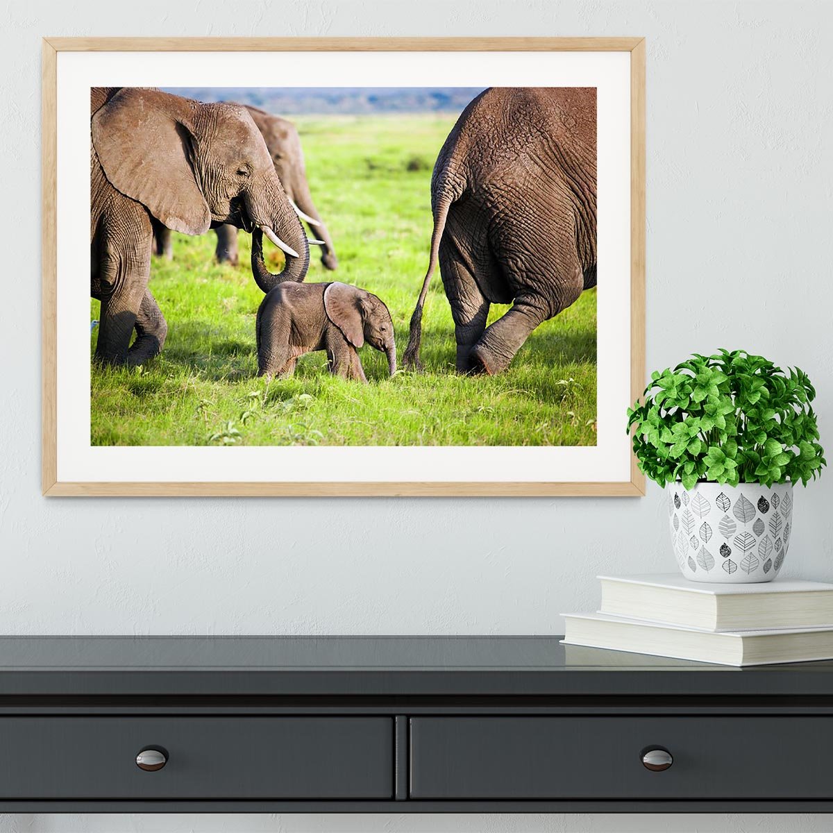 Elephants family on African savanna Framed Print - Canvas Art Rocks - 3