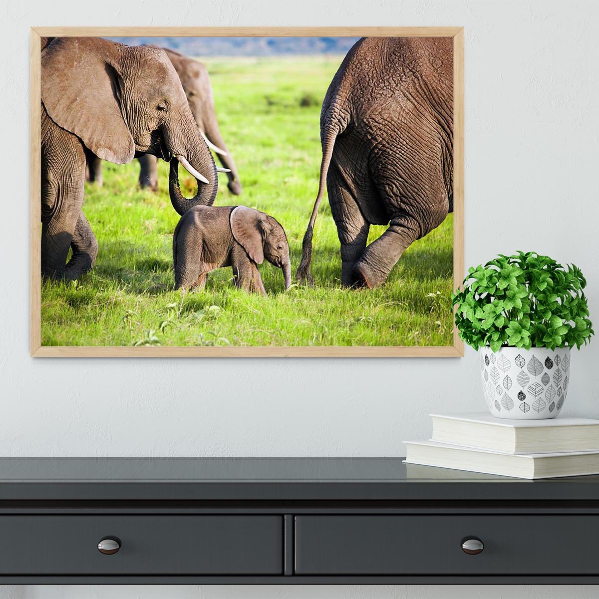 Elephants family on African savanna Framed Print - Canvas Art Rocks - 4