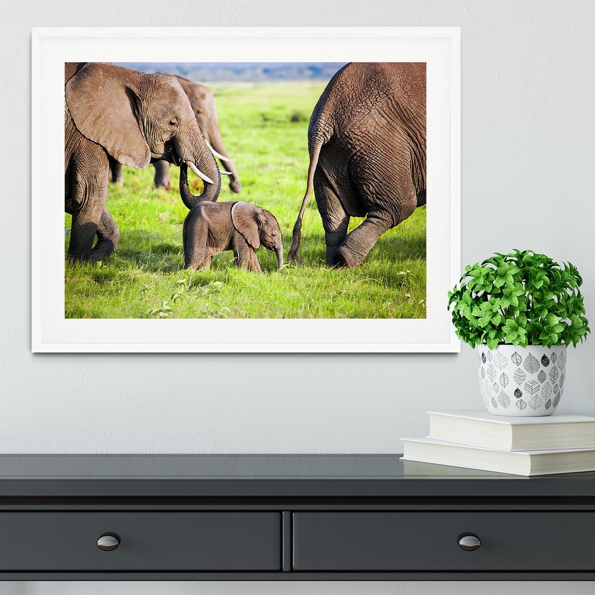 Elephants family on African savanna Framed Print - Canvas Art Rocks - 5