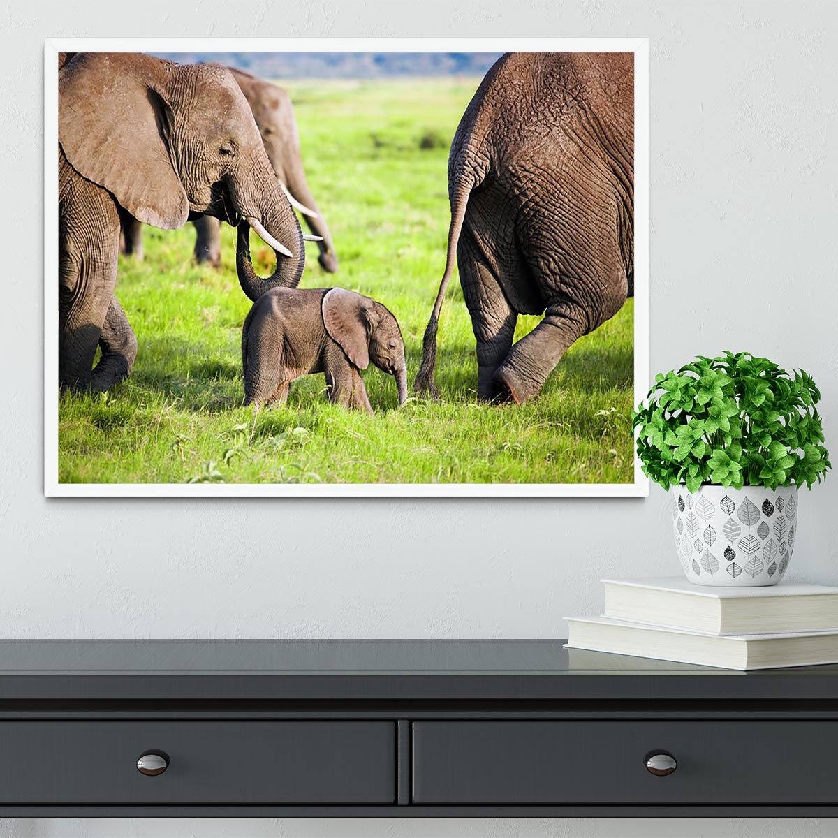 Elephants family on African savanna Framed Print - Canvas Art Rocks -6
