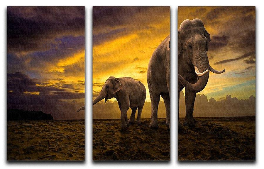 Elephants family on sunset 3 Split Panel Canvas Print - Canvas Art Rocks - 1