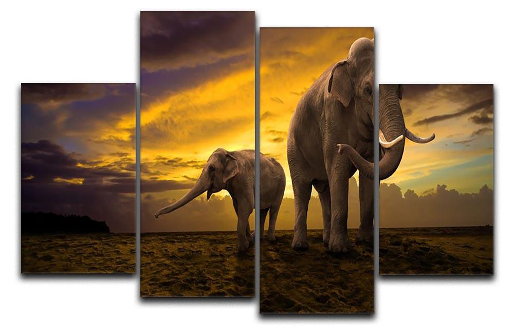 Elephants family on sunset 4 Split Panel Canvas - Canvas Art Rocks - 1