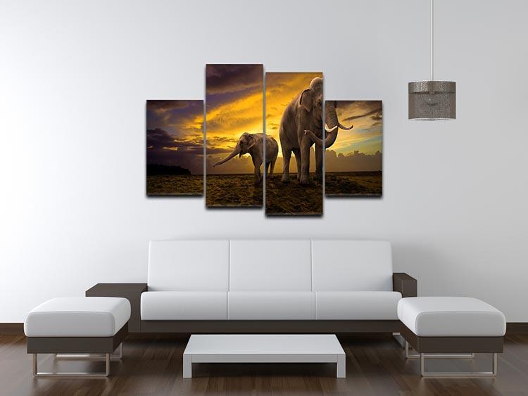 Elephants family on sunset 4 Split Panel Canvas - Canvas Art Rocks - 3