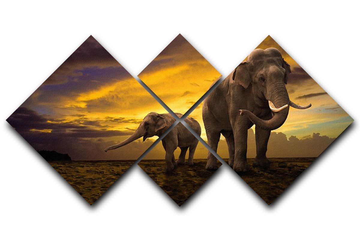 Elephants family on sunset 4 Square Multi Panel Canvas - Canvas Art Rocks - 1