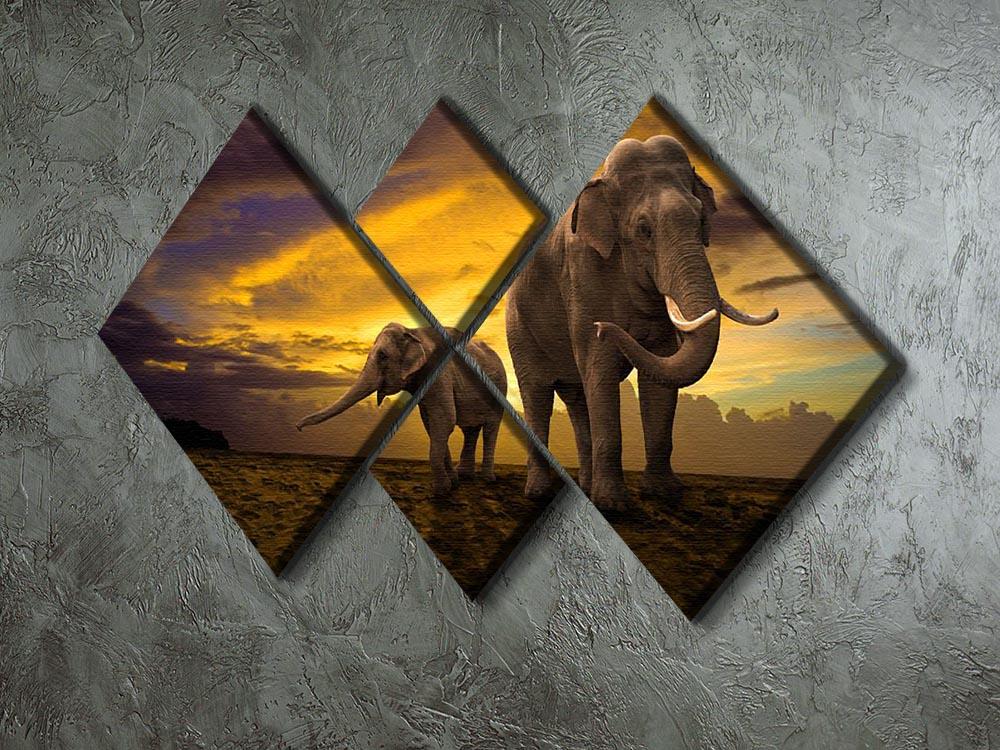 Elephants family on sunset 4 Square Multi Panel Canvas - Canvas Art Rocks - 2