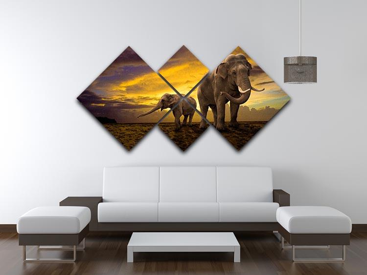 Elephants family on sunset 4 Square Multi Panel Canvas - Canvas Art Rocks - 3