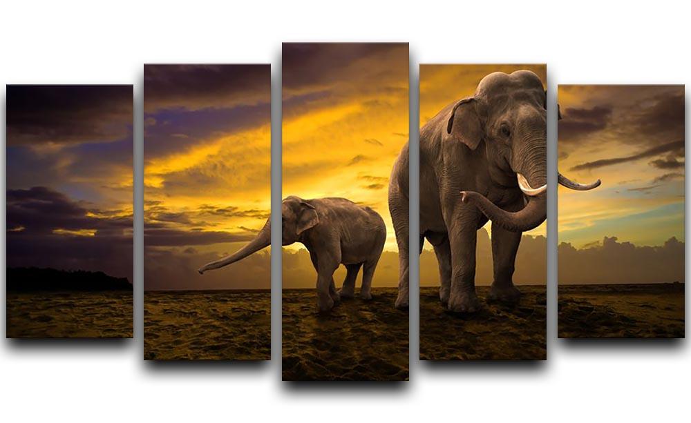 Elephants family on sunset 5 Split Panel Canvas - Canvas Art Rocks - 1