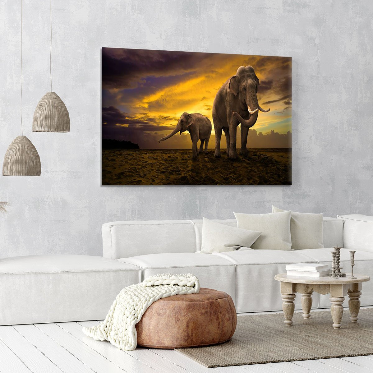 Elephants family on sunset Canvas Print or Poster