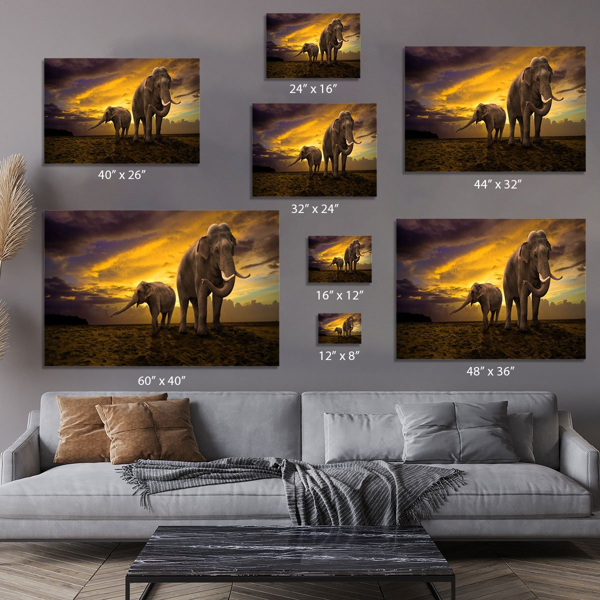 Elephants family on sunset Canvas Print or Poster