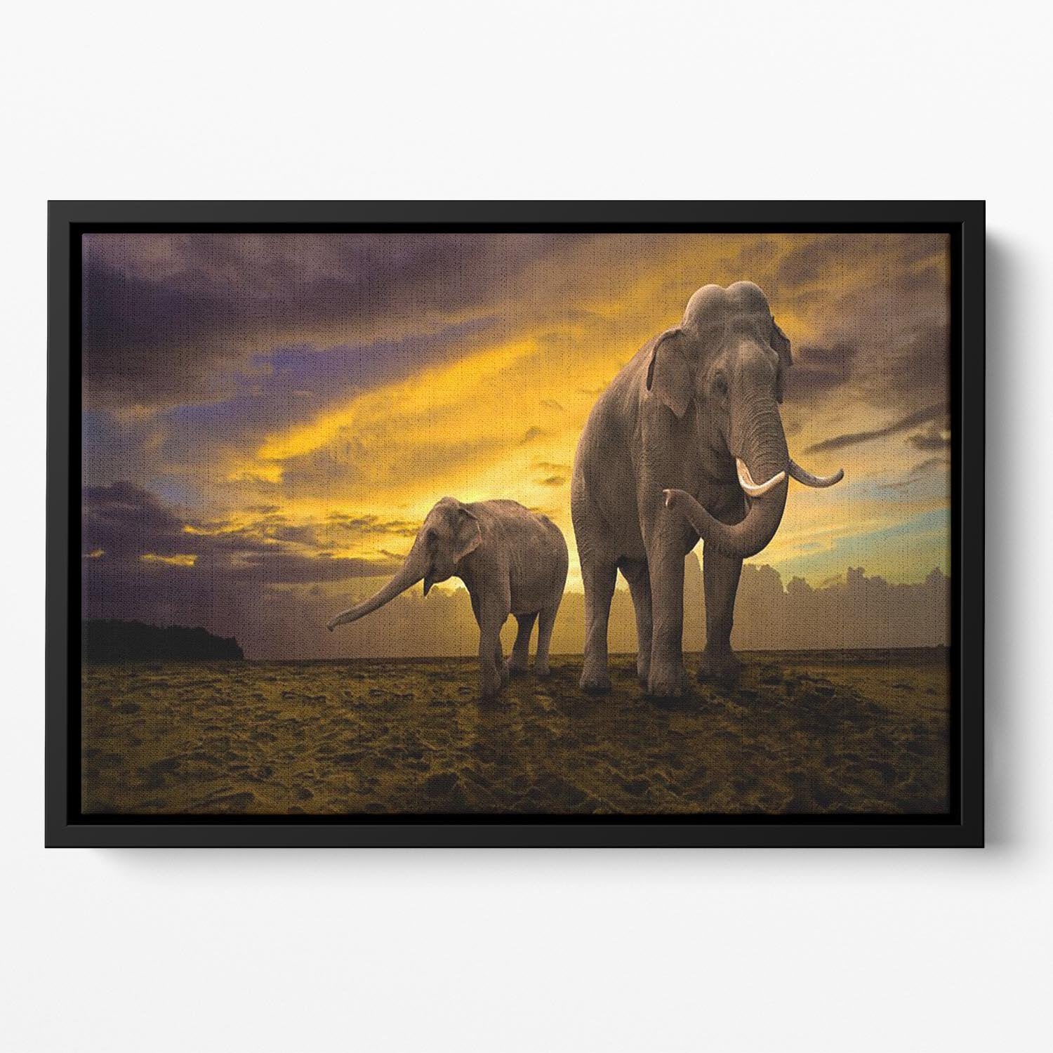 Elephants family on sunset Floating Framed Canvas - Canvas Art Rocks - 2
