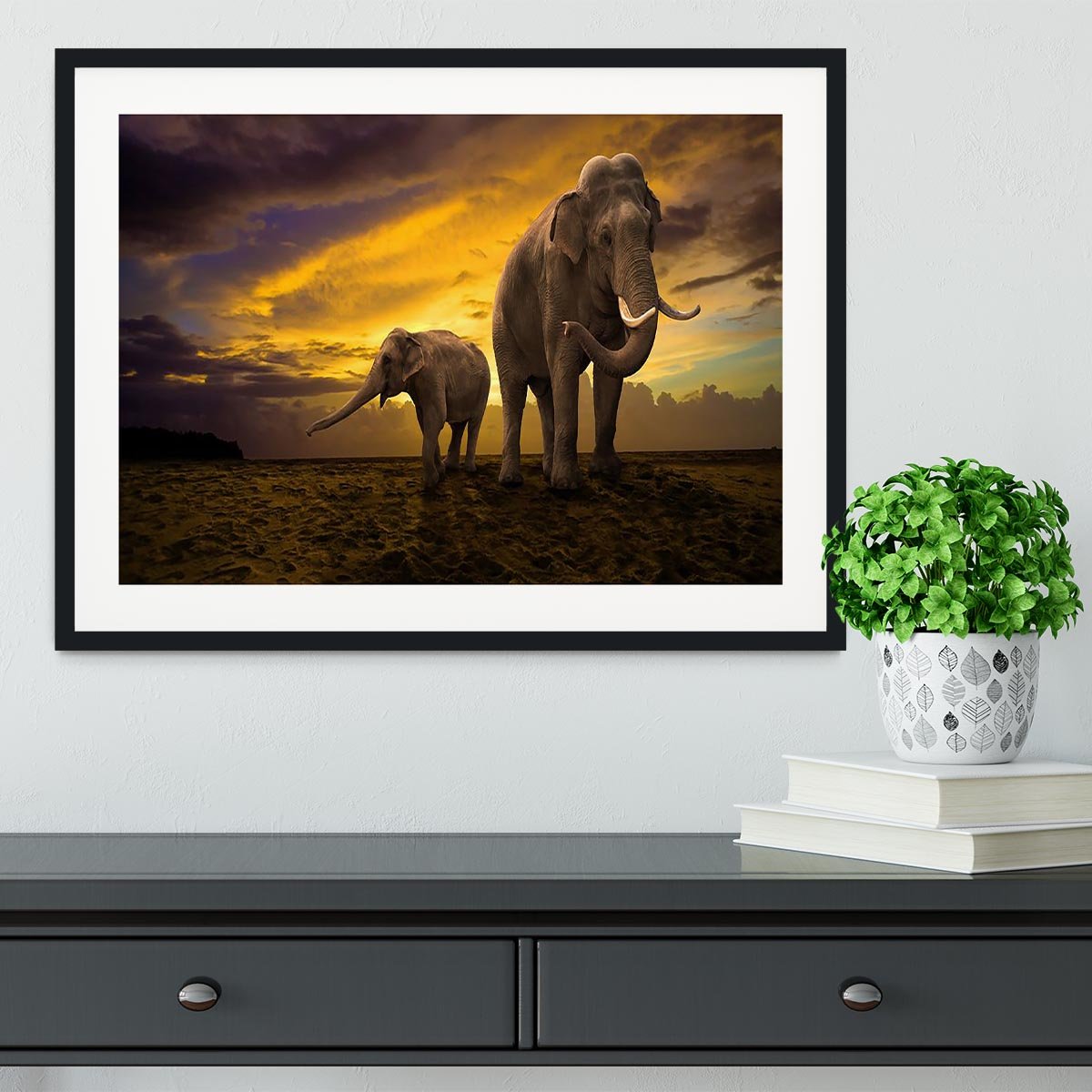 Elephants family on sunset Framed Print - Canvas Art Rocks - 1