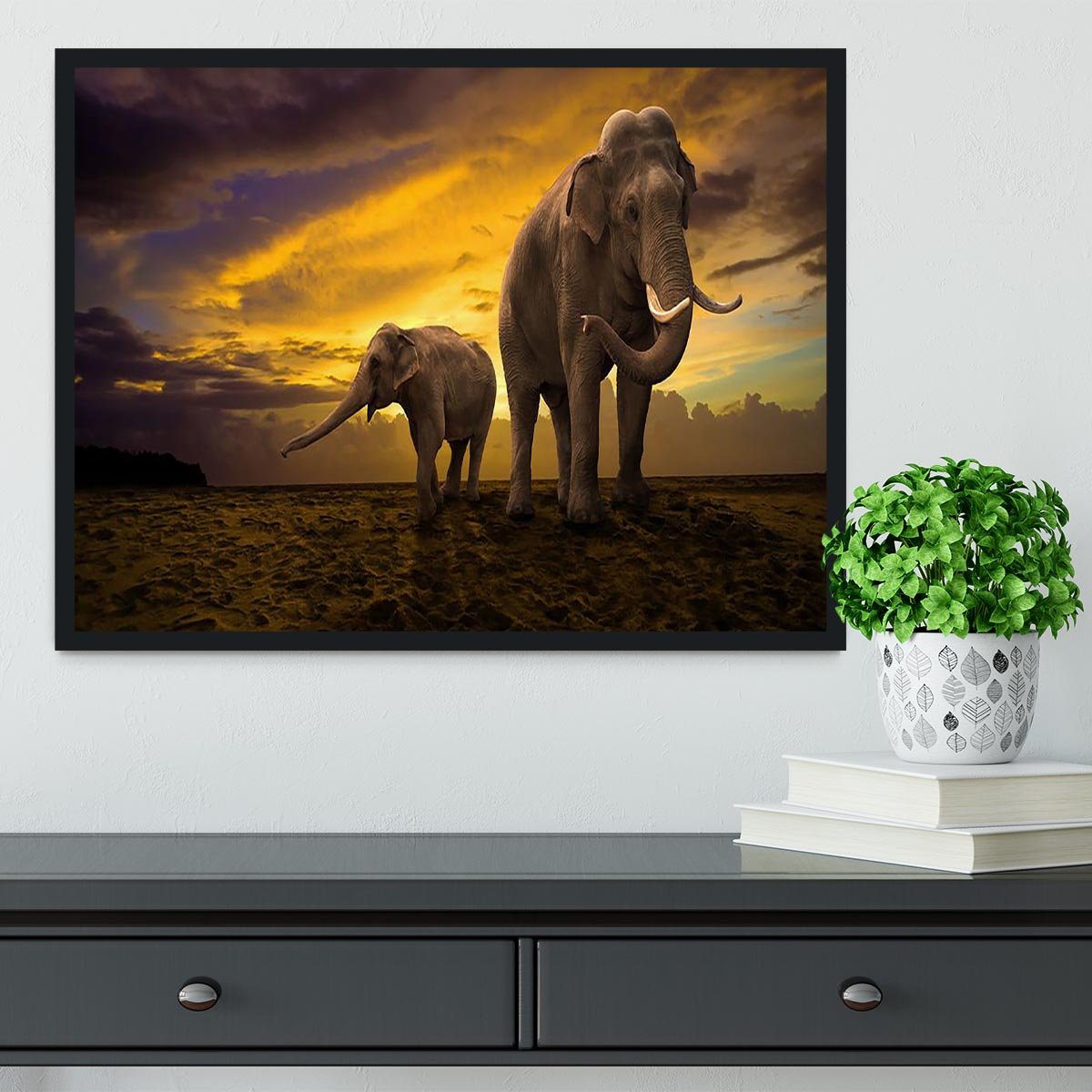 Elephants family on sunset Framed Print - Canvas Art Rocks - 2