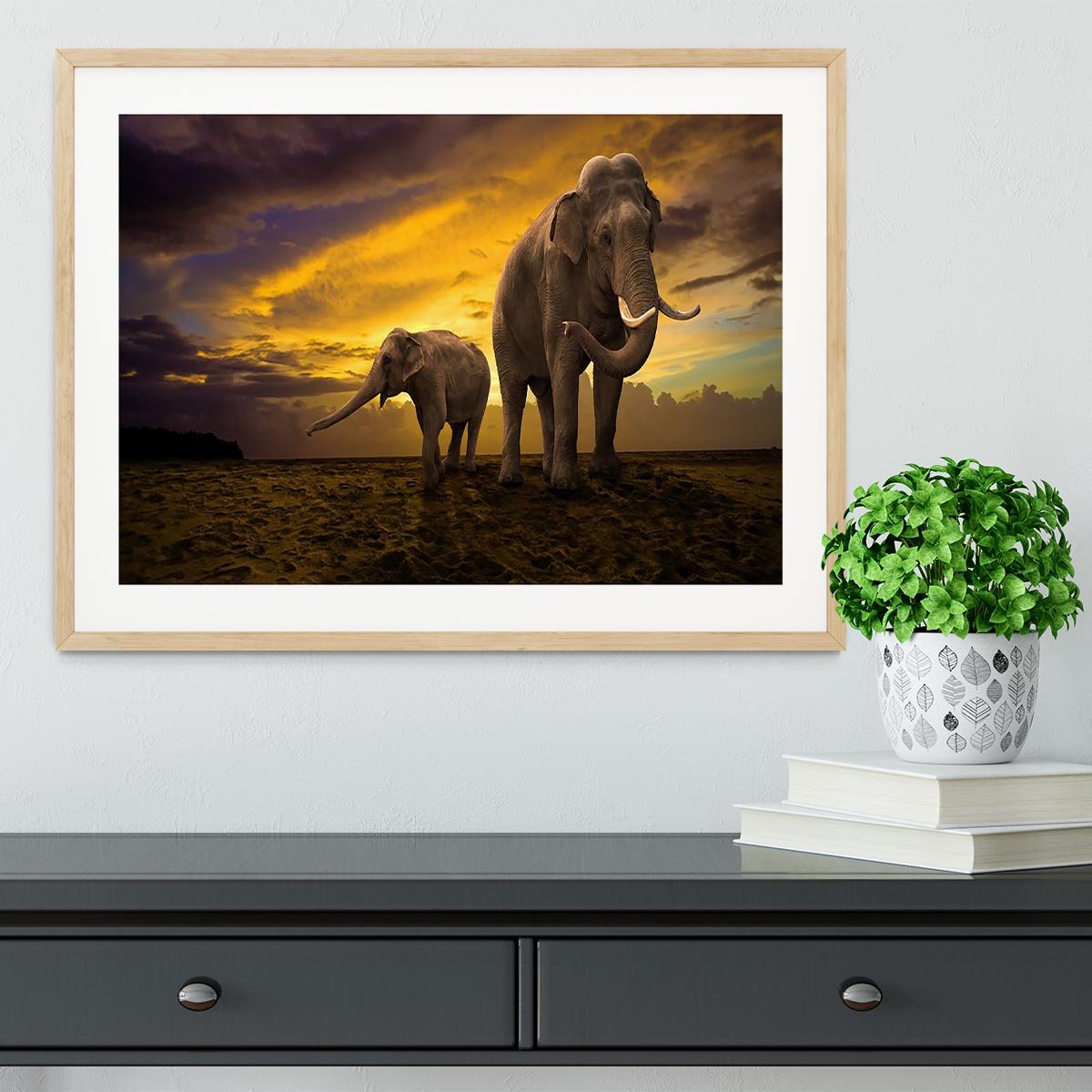 Elephants family on sunset Framed Print - Canvas Art Rocks - 3