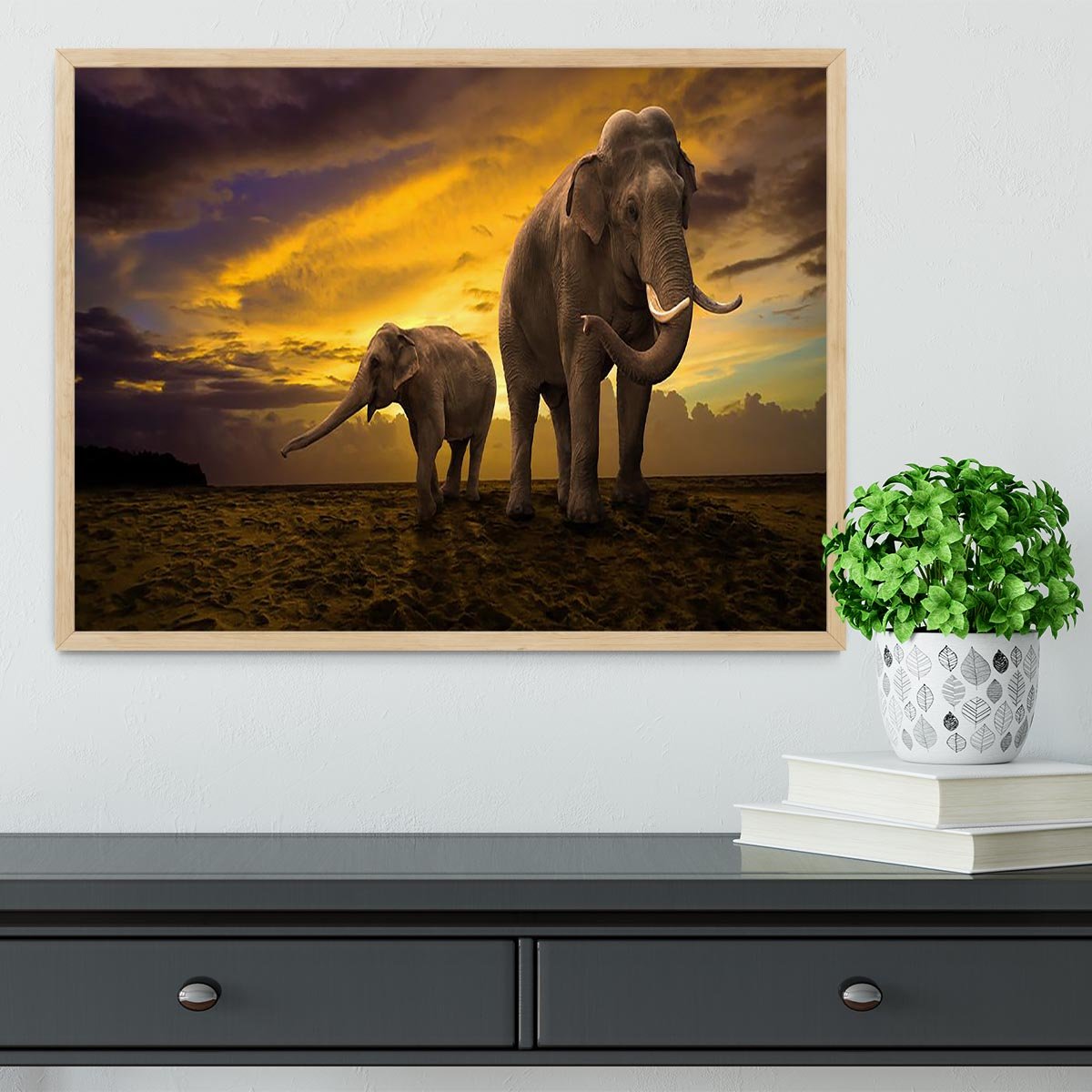 Elephants family on sunset Framed Print - Canvas Art Rocks - 4