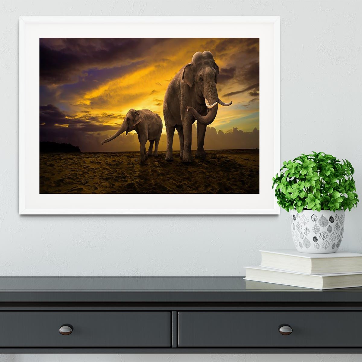 Elephants family on sunset Framed Print - Canvas Art Rocks - 5