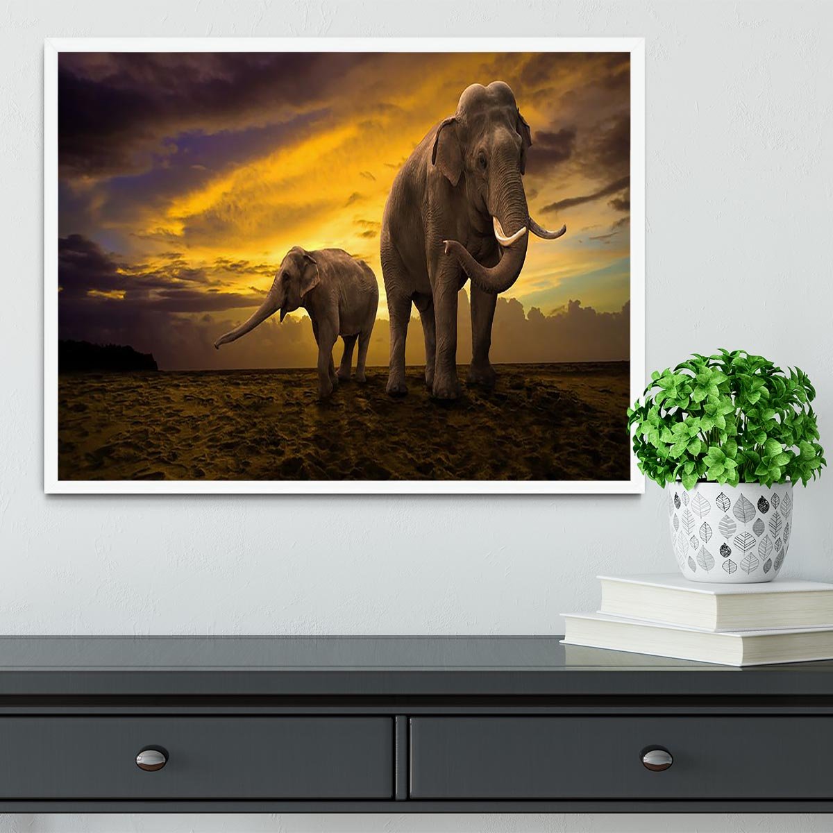 Elephants family on sunset Framed Print - Canvas Art Rocks -6