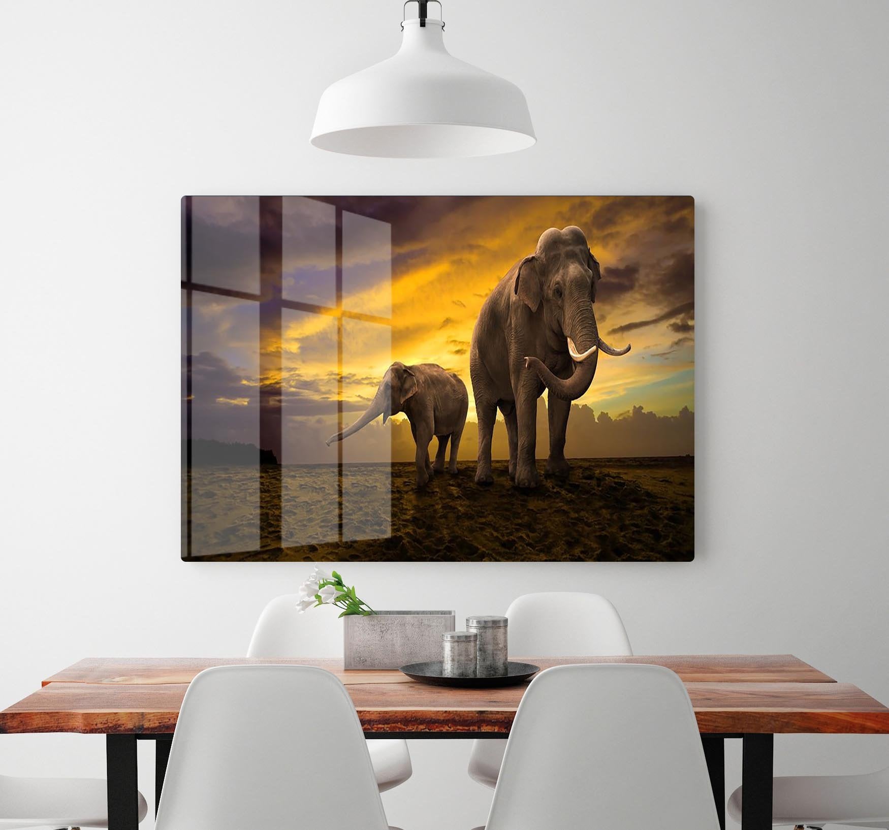 Elephants family on sunset HD Metal Print - Canvas Art Rocks - 2