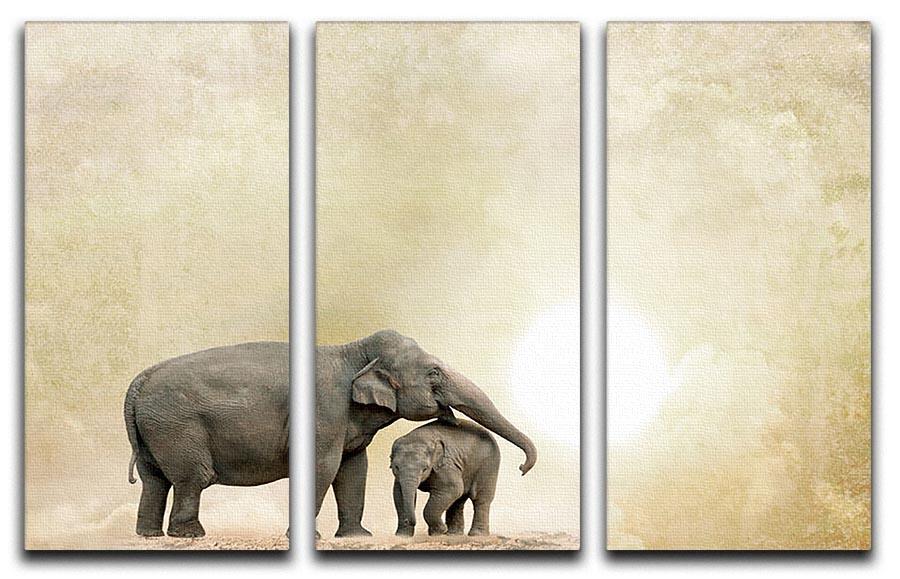 Elephants on a grunge background 3 Split Panel Canvas Print - Canvas Art Rocks - 1