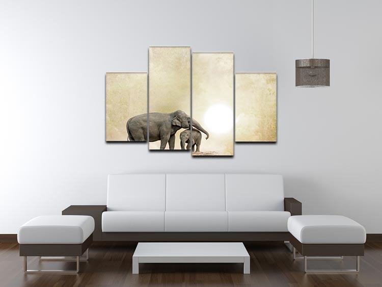 Elephants on a grunge background 4 Split Panel Canvas - Canvas Art Rocks - 3