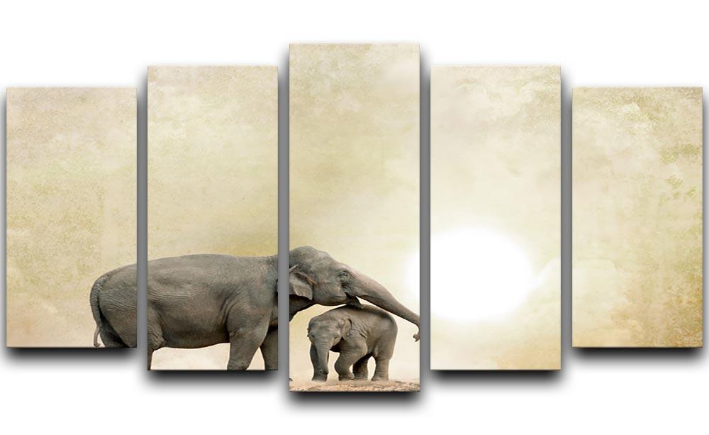 Elephants on a grunge background 5 Split Panel Canvas - Canvas Art Rocks - 1