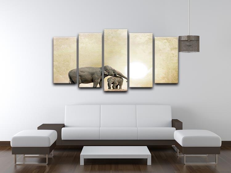 Elephants on a grunge background 5 Split Panel Canvas - Canvas Art Rocks - 3