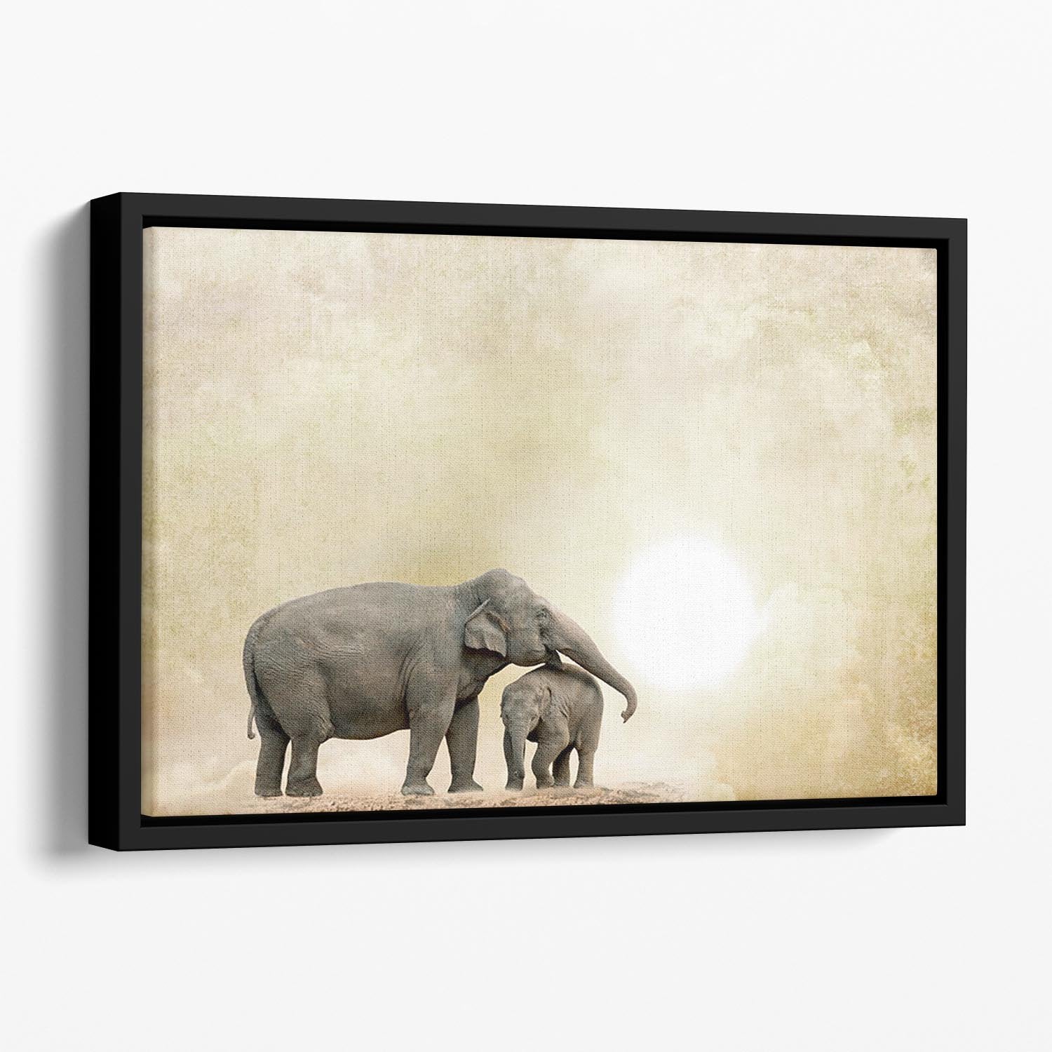 Elephants on a grunge background Floating Framed Canvas - Canvas Art Rocks - 1