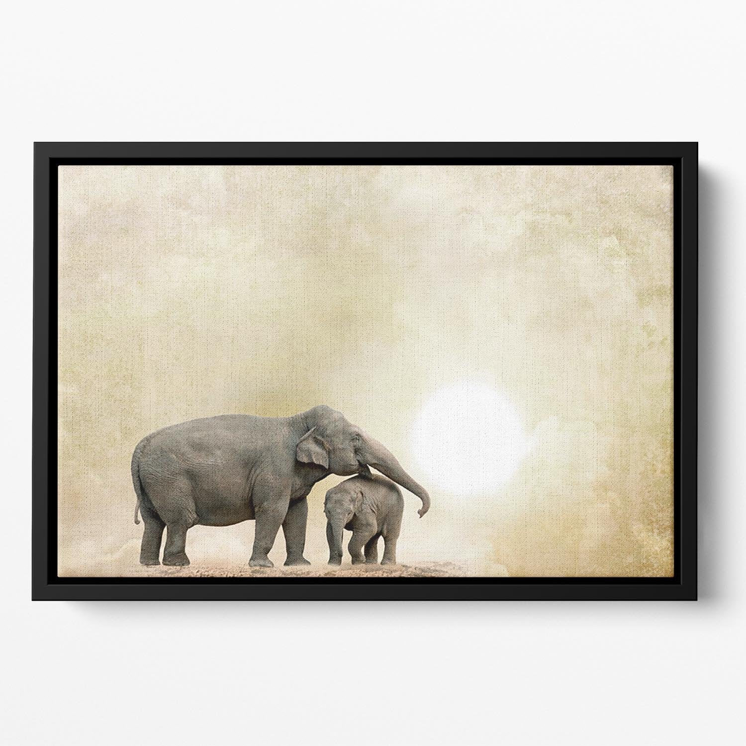 Elephants on a grunge background Floating Framed Canvas - Canvas Art Rocks - 2