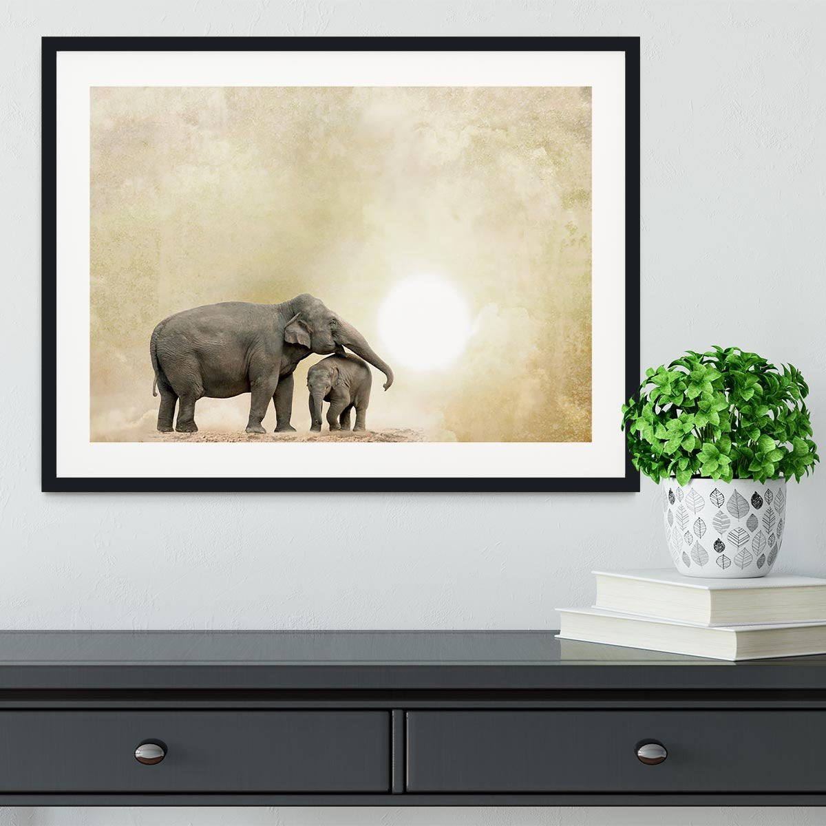 Elephants on a grunge background Framed Print - Canvas Art Rocks - 1