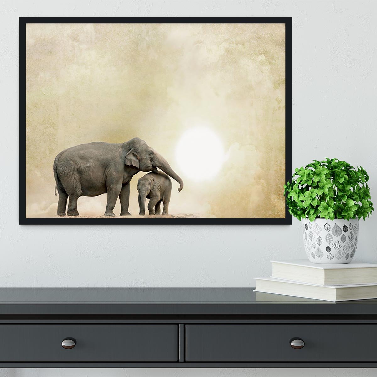 Elephants on a grunge background Framed Print - Canvas Art Rocks - 2