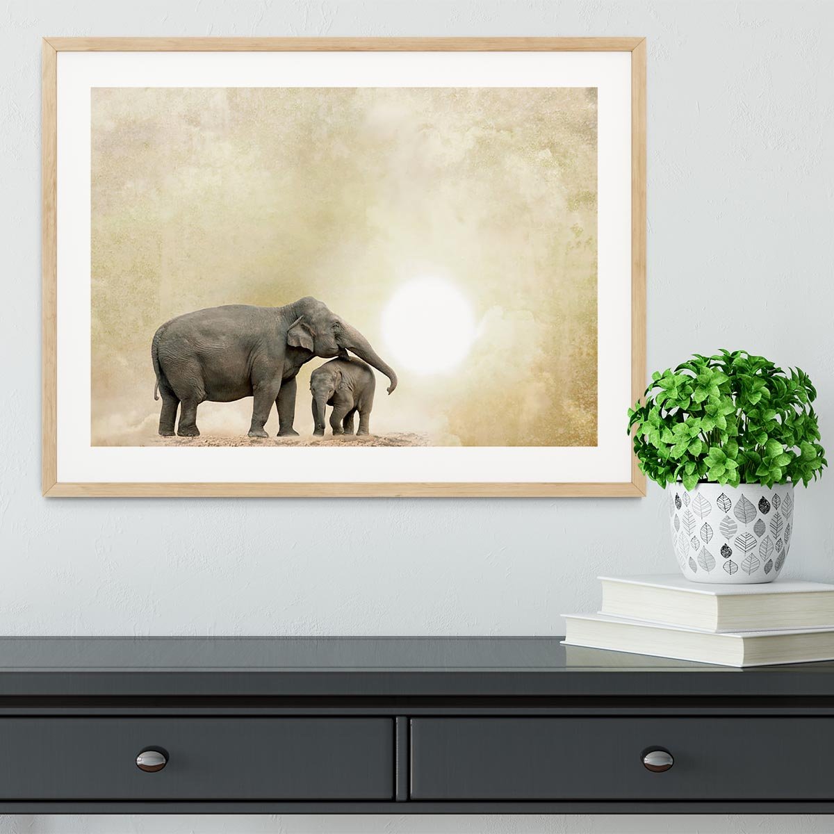 Elephants on a grunge background Framed Print - Canvas Art Rocks - 3
