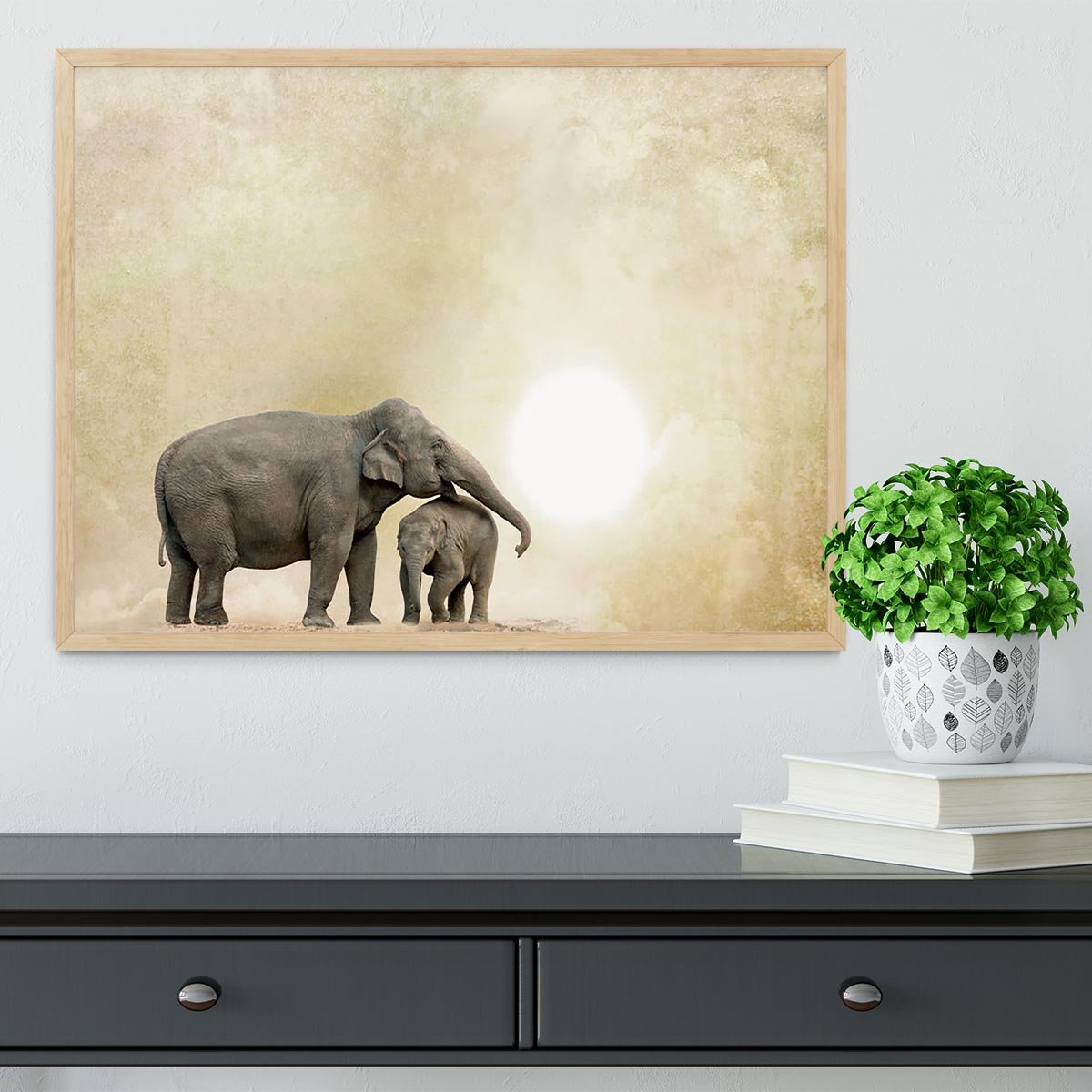 Elephants on a grunge background Framed Print - Canvas Art Rocks - 4