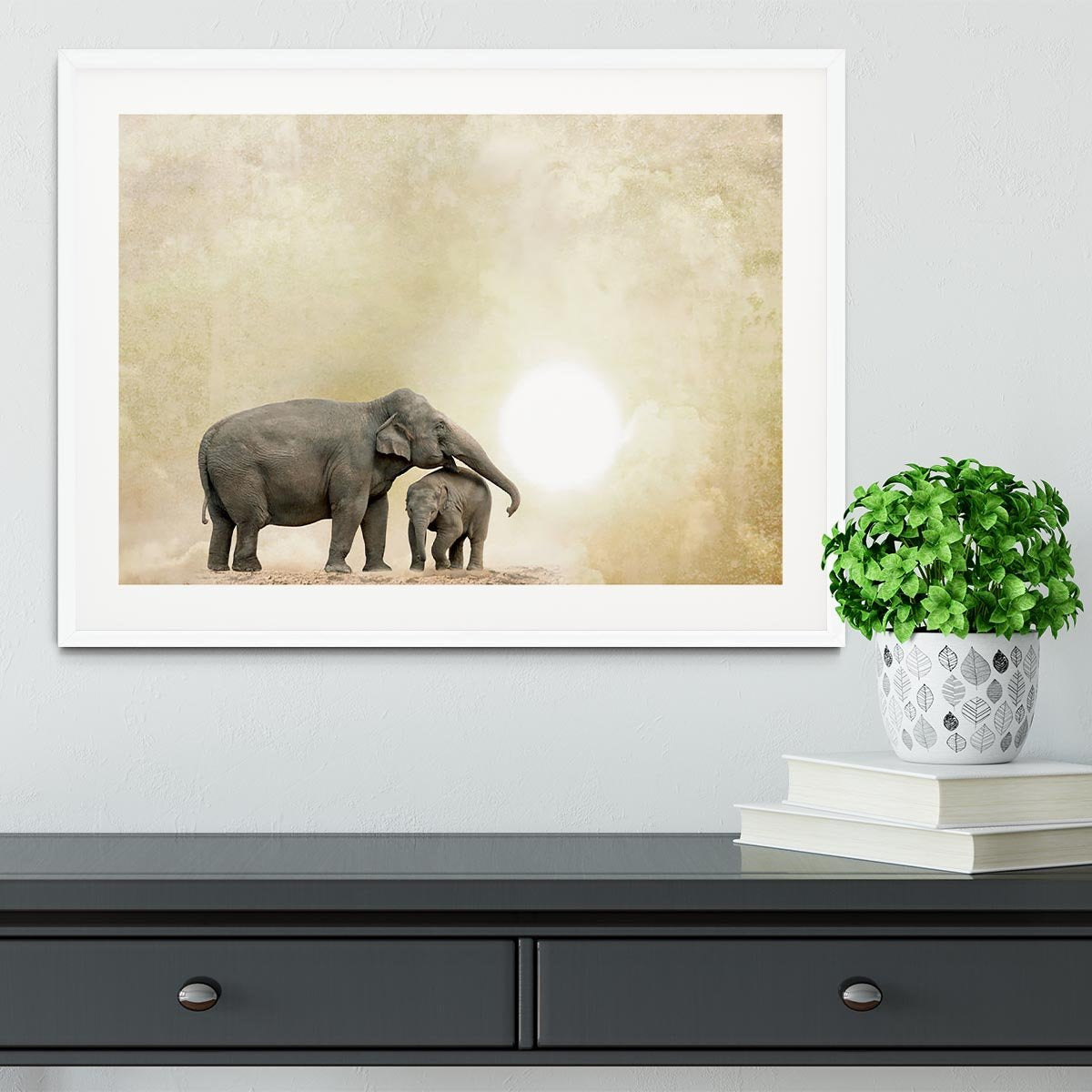 Elephants on a grunge background Framed Print - Canvas Art Rocks - 5