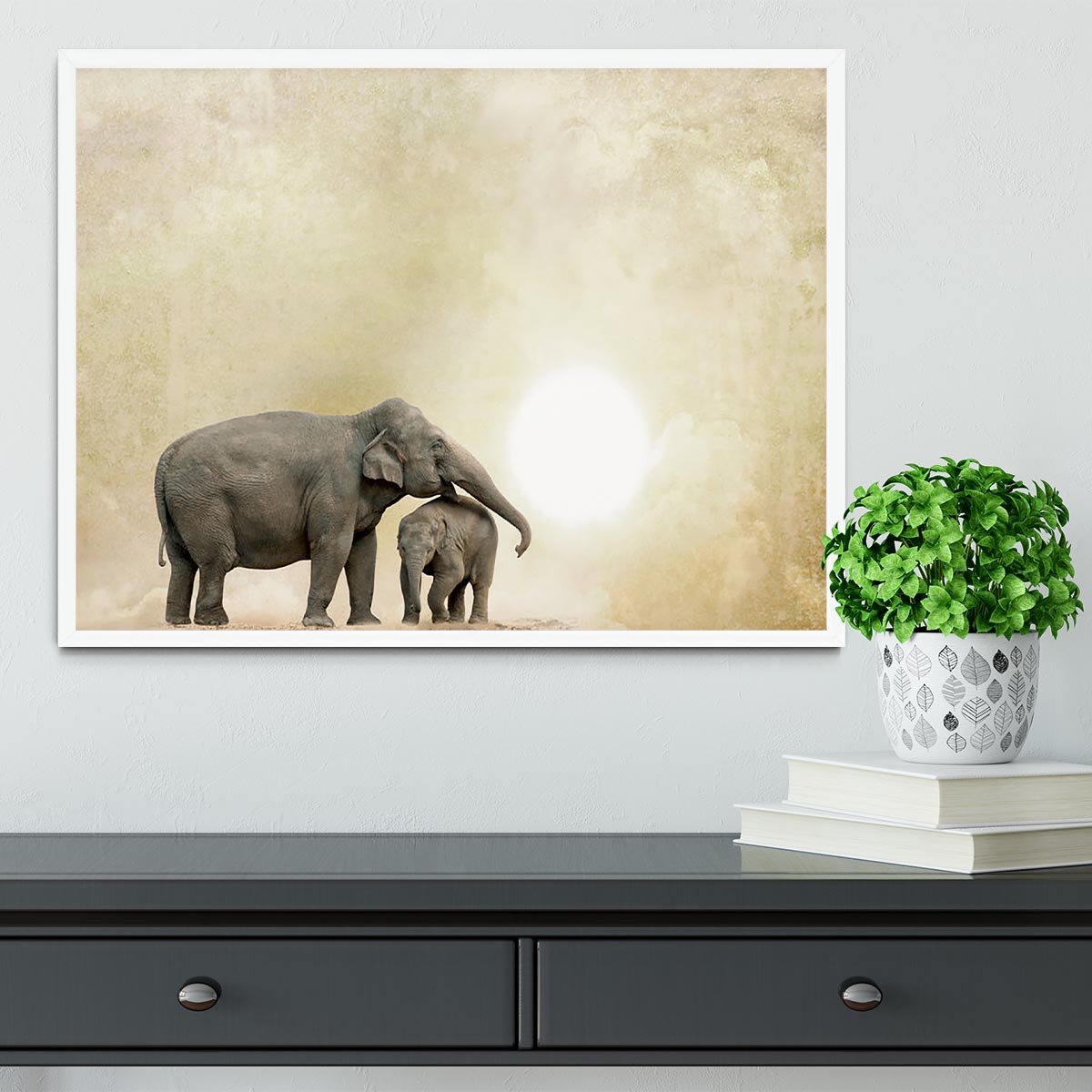 Elephants on a grunge background Framed Print - Canvas Art Rocks -6